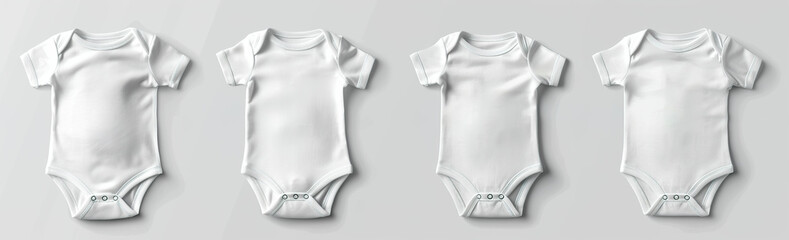 Four clean white baby onesies laid out isolated in a row on a light gray background