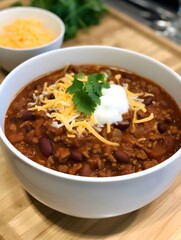 Wall Mural - Traditional Mexican Chili Con Carne, featuring hearty minced meat and tender red beans simmered in a rich, flavorful sauce.