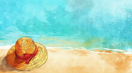 **Summer beach background with straw hat.**  This is a beautiful summer beach background with a straw hat.