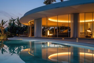 modernist house with circular pool at night generative ai