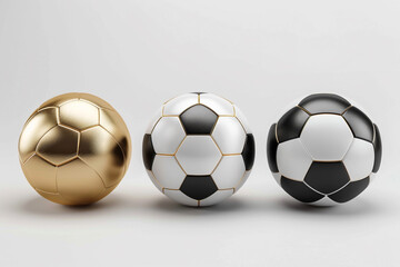 Soccer ball. Football balls Set realistic 3d design style. Leather texture golden and white black color. Mockup of sports elements isolated on white.