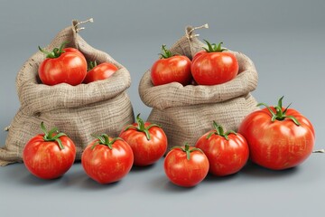 Fresh tomatoes sitting in bags on a wooden table, perfect for still life photography or kitchen setting