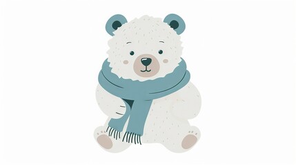 Poster -   A white polar bear with a blue scarf around its neck is sitting on hind legs