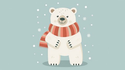 Sticker -   A polar bear wears a scarf, standing in snow with snowflakes