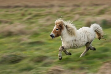 Wall Mural - A small horse is seen running freely in a lush green grass field