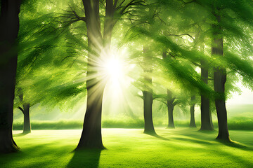 Poster - A vibrant green tree stands tall, bathed in warm sunlight. Lush leaves shimmer with dew, and shadows dance on the forest floor. This image captures the essence of nature's renewal.