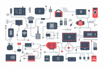 Aufkleber - A network diagram with various smart home gadgets connected to a network router and modem, symbolizing a connected modern home. Generative AI