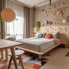 Wall Mural - wooden bed against empty white wall with copy space. Scandinavian loft interior design of modern bedroom.