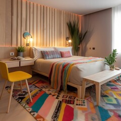 Wall Mural - wooden bed against empty white wall with copy space. Scandinavian loft interior design of modern bedroom.