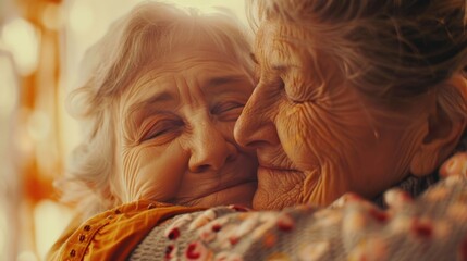 Wall Mural - Close-up shot of a person holding and embracing an older woman, showing emotional support and care