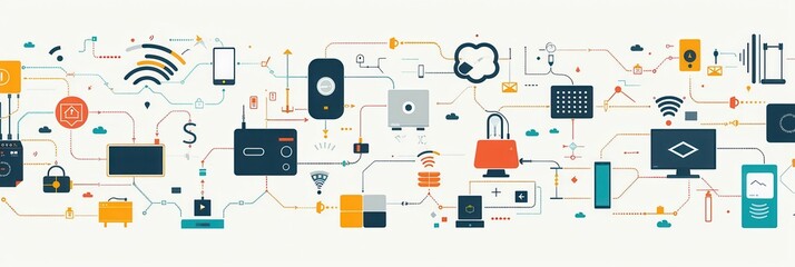 Aufkleber - An abstract illustration showing various smart home devices connected through a network, with data flow symbolized by lines. Generative AI