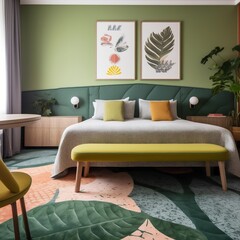 Wall Mural - Green and Bedroom, Modern Bedroom Home Interior Mockup Design 