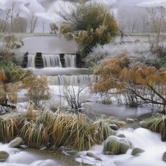 Sticker -   A waterfall painting features a river in the background, trees in the foreground, snowy ground, and green grass