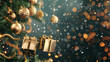 © Mustafa - Festive Christmas and New Year background with 3D design. Realistic gift boxes falling and gold confetti hanging on ribbon glass balls. Christmas tree with decoration light garland.