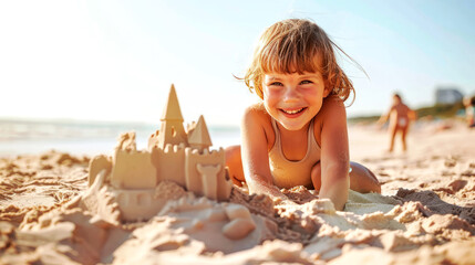 Happy child building a sand castle on the beach on a sunny summer day. Concept for vacation, school holidays, travel. Banner. Copy space.