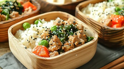 Wall Mural -   A close-up of a bowl with steaming white rice, colorful vegetables, and chopsticks placed neatly on the side