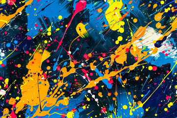 A chaotic and vibrant pattern of multicolored paint splashes, drips, and splatters on a dark background. The design is energetic and abstract.