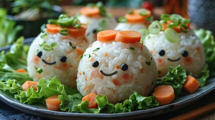 Wall Mural -  Rice-ball plate topped with carrot-veggie faces
