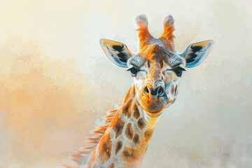 Wall Mural - A giraffe stands in front of a brick wall, its long neck and legs visible