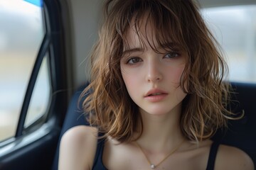 Wall Mural - Young Woman With Wavy Hair in a Car