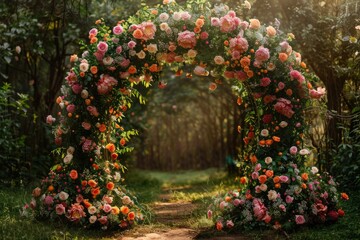 A beautiful floral arch in the center of a lush garden