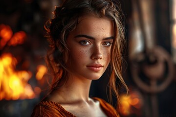 Wall Mural - A young woman with freckles and a serious expression looks at the camera. The background is blurred and there is a fire burning in the background.