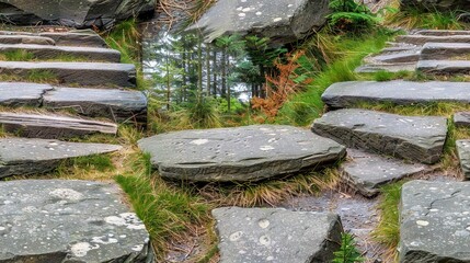 Sticker -   Stepping stones line a grassy area, leading to a reflective surface at the center surrounded by trees