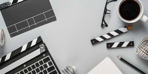 Movie production workspace with clapperboard, coffee and notebook