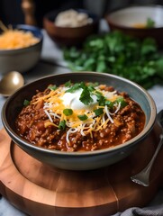 Wall Mural - Traditional Mexican Chili Con Carne, featuring hearty minced meat and tender red beans simmered in a rich, flavorful sauce.