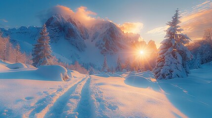 Poster -  Snow-covered peak with a path in fg, sun illuminating cloudy sky bg