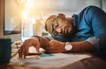 Aufkleber - Businessman, sleeping and night with documents in burnout, fatigue or stress on office desk. Tired man or bored employee asleep with paperwork in late evening, overworked or depression at workplace