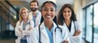 © NickArt - Cheerful smiling diverse latino, caucasian and african american doctors in white gowns with stethoscope medical science welcome background