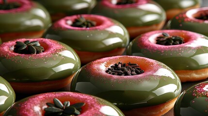 Wall Mural -   A close-up of several doughnuts adorned with sprinkles and various toppings