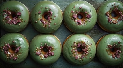  Green donuts sprinkled with pink, with one bitten