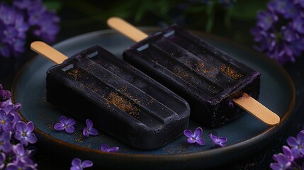 Sticker -   Two popsicles sit on a black plate surrounded by purple flowers, with a wooden stick protruding from the top