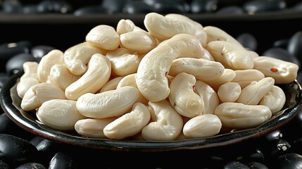 Wall Mural -   A close-up of a bowl of peeled cashews on a black surface against a background of black beans