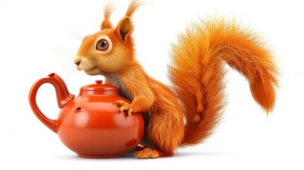 Wall Mural -   Red squirrel sitting on top of red tea pot with red squirrel on its back legs