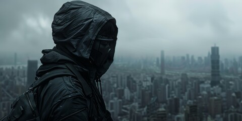 Wall Mural - cinematic portrait, model in futuristic techwear, background is a city skyline, clothing has sleek l