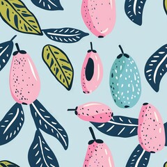 Wall Mural -   A pattern of pears and leaves on a light blue background with a light blue background