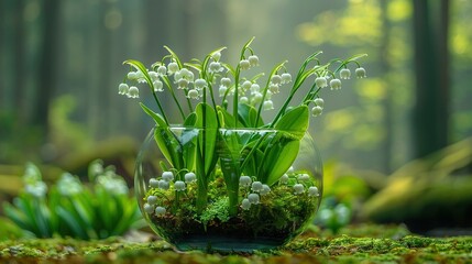 Wall Mural -   A vase filled with white flowers sits atop a moss-covered ground amidst a forest