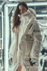 Wall Mural - high-fashion studio, model in avant-garde techwear, background is a high-tech lab, clothing features