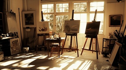 An artist's studio with easels, paintings, and supplies bathes in natural light, sparking imagination.