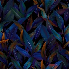 Poster -   Black background with orange and blue leaves centered