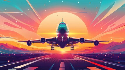 a vibrant poster for National Aviation Day, showcasing a modern jet taking off against the backdrop of a sunset.