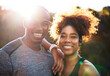 © peopleimages.com - Happy, black couple and portrait with fitness in nature for exercise, outdoor training or workout together. African man and woman with smile or partner for running, cardio or marathon on mountain
