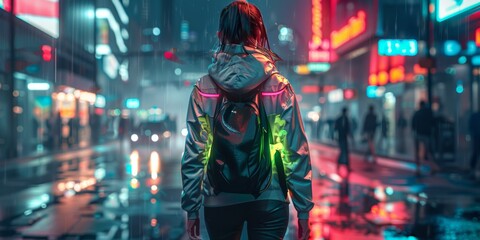 Wall Mural - street style night, model in techwear with neon accents, background is a dark urban street, clothing