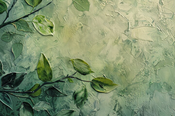 Wall Mural - A painting of a leafy branch with green leaves and a green background