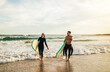 © Prostock-studio - A couple walks along a sandy beach after surfing, both carrying surfboards. They are wearing wetsuits and smiling. The ocean is calm and the sky is clear, with a golden glow from the setting sun.