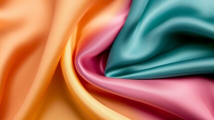 Close-up of silk fabric, elegantly draped to emphasize its luxurious texture and shimmering sheen, vibrant hues that pop against a simple background, no hands