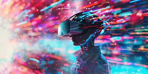 Canvas Print - Virtual Reality Experience Person wearing a VR headset, immersed in a virtual environment. Emphasis on futuristic technology and entertainment